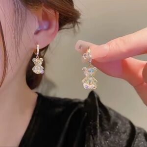 Iridescent Crystal Teddy Bear Dangle Earrings Shiny Zircon Golden Copper Drop